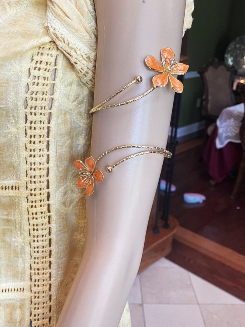 Boho Orange Enamel Flower Arm & Ankle Cuff Bracelet | Adjustable - Picture 12 of 13
